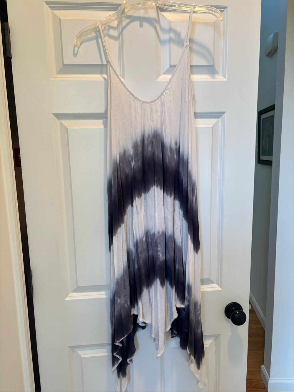Mono B White and Navy Tie-Dye Handkerchief Hem Dress